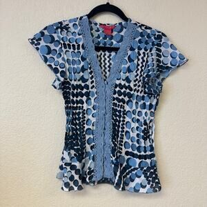 Y2k Sunny Leigh Polka Dot V-Neck Short Sleeve Top Blue Size Small